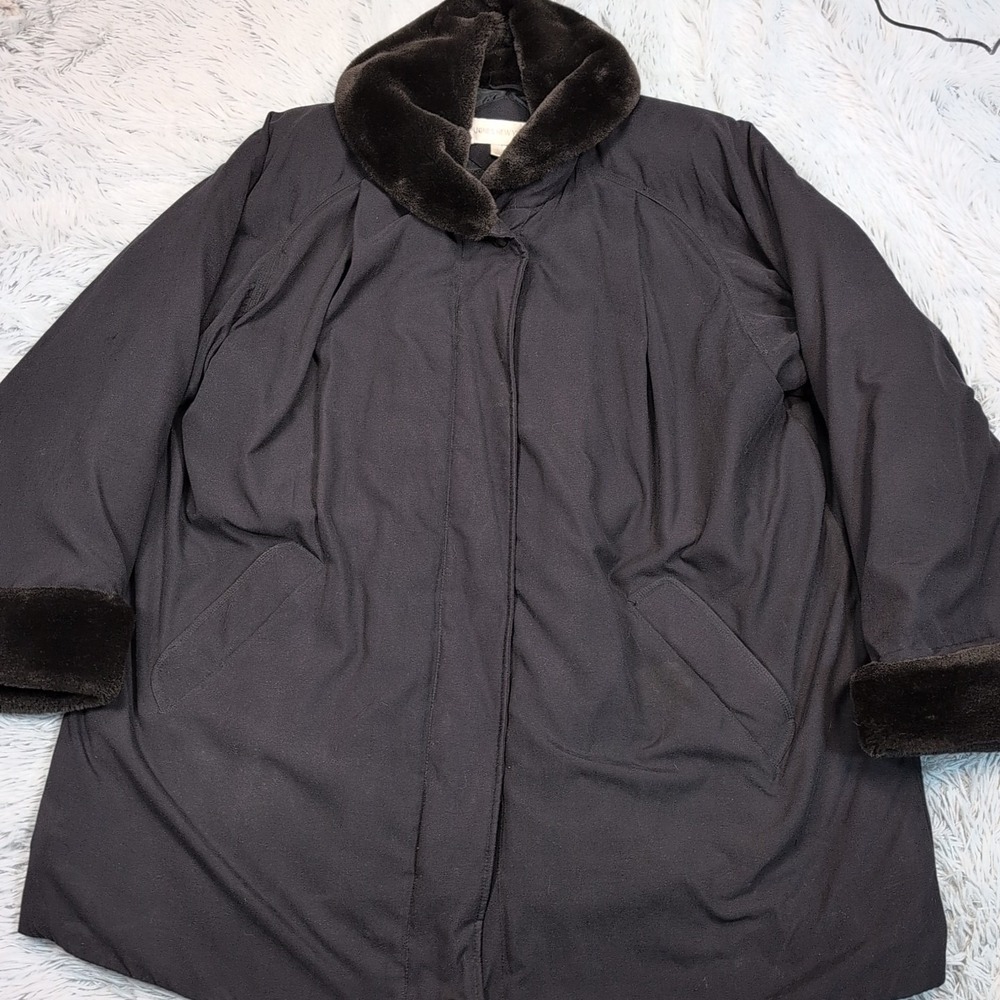 Vintage Jones New‎ York Jacket L Black Coat Faux Fur Trim Pockets Zip Up Warm